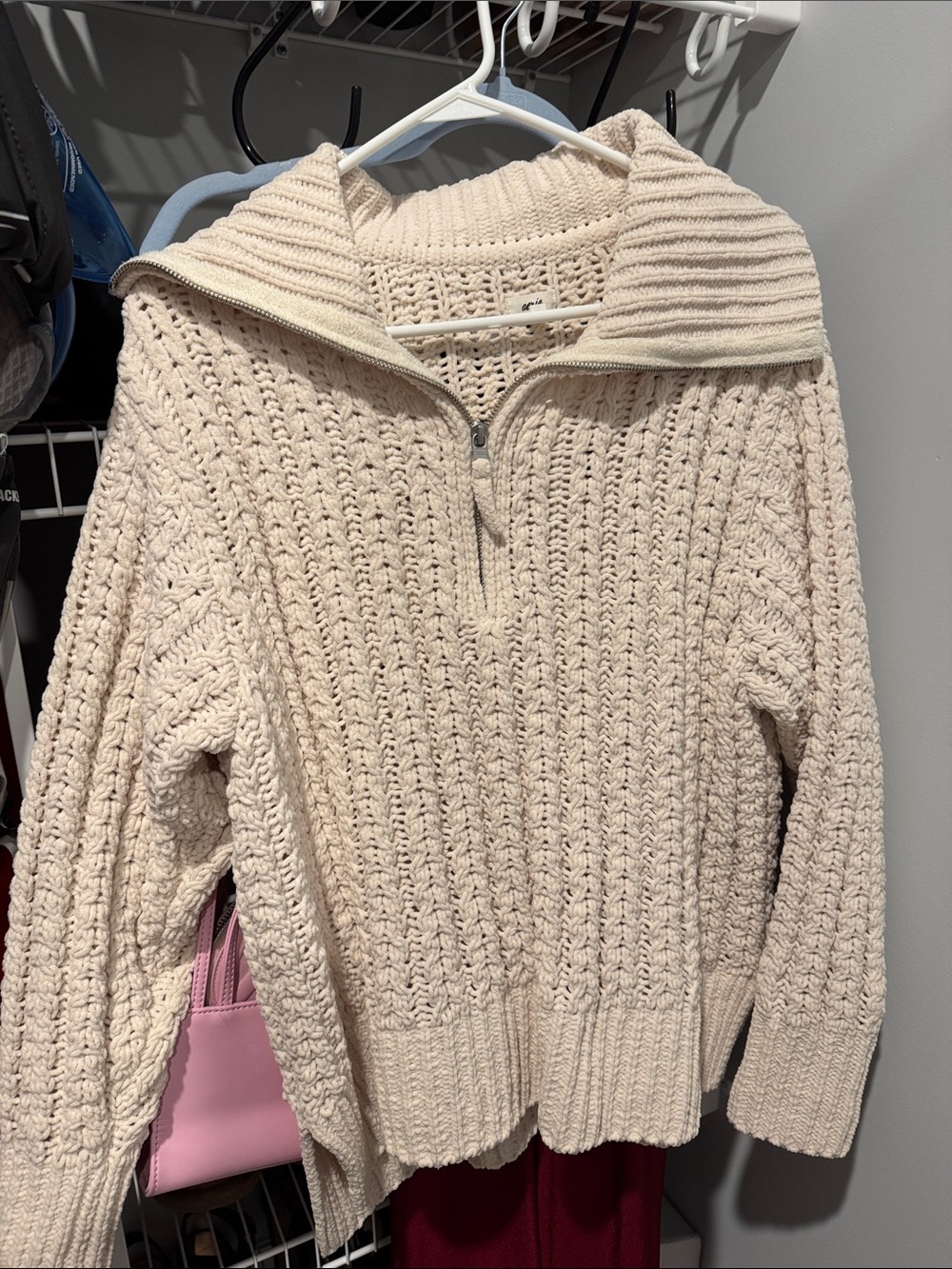 aerie Cream Cable-Knit Half-Zip Funnel Sweater